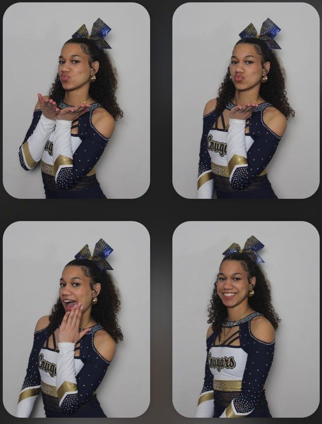 Four photo-booth shots of Lola, founder of EvolutionPro Designs, in her Cougars cheer uniform